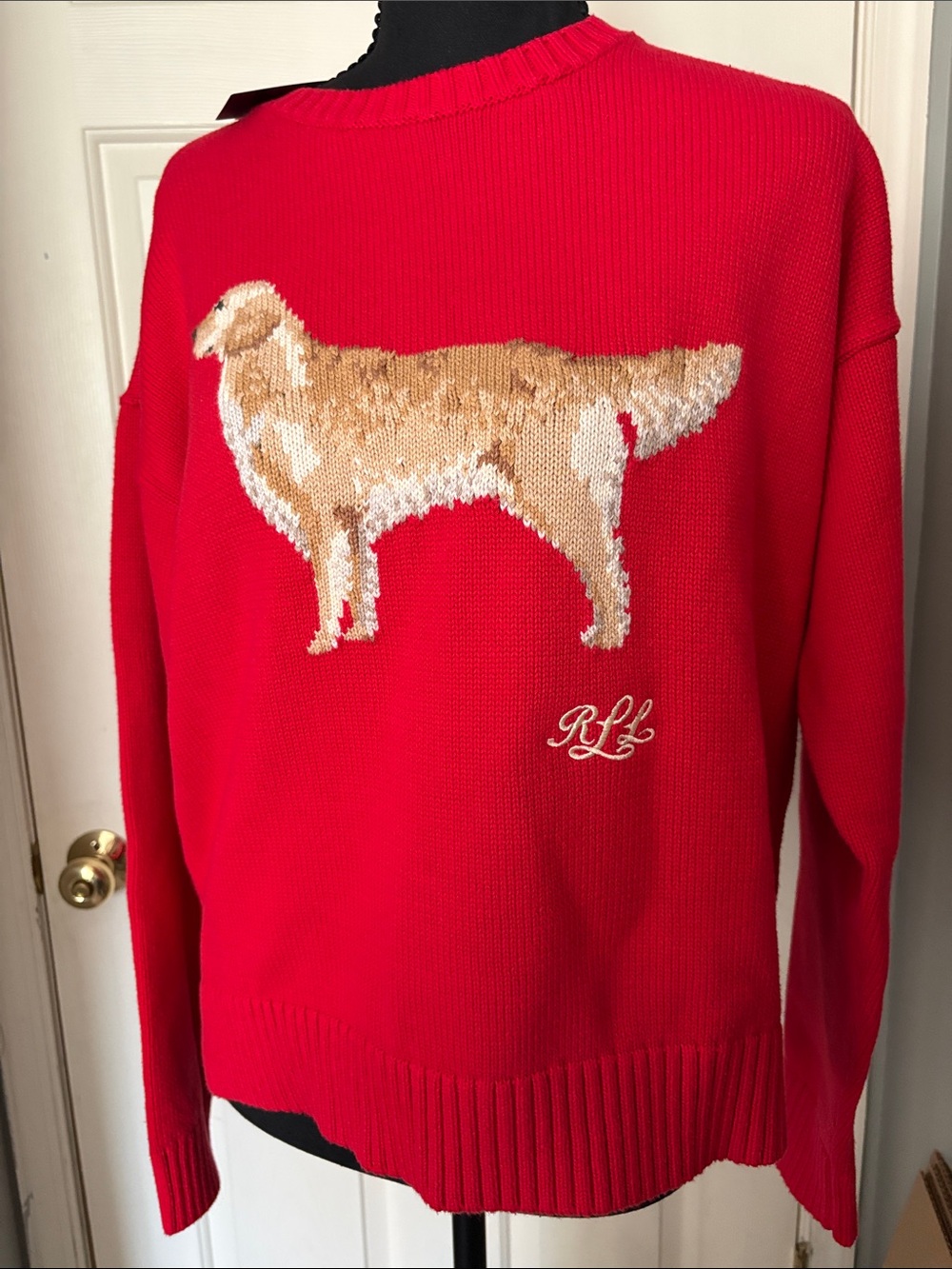 Ralph Lauren Red Crewneck Sweater with Golden Retriever